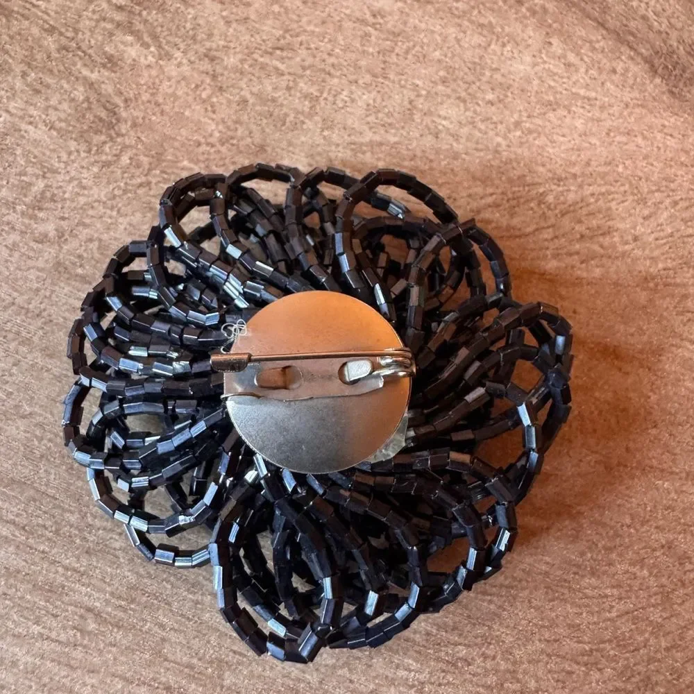 Metallic Black Seed Beads Flower Shaped Brooch Pin Witchy Whimsy Goth Steampunk